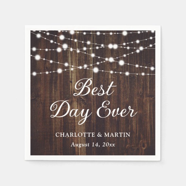 String Lights Rustic Wood Wedding Napkin (Front)