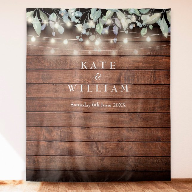 String Lights Rustic Wood Wedding Photo Backdrop Tapestry (Creator Uploaded)