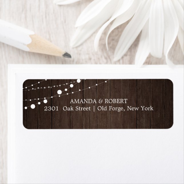 String Lights Rustic Wood Wedding Return Address Label (Insitu)