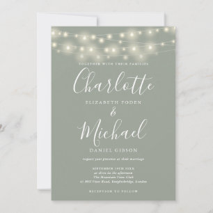 String Lights Sage Green Elegant Script Wedding Invitation