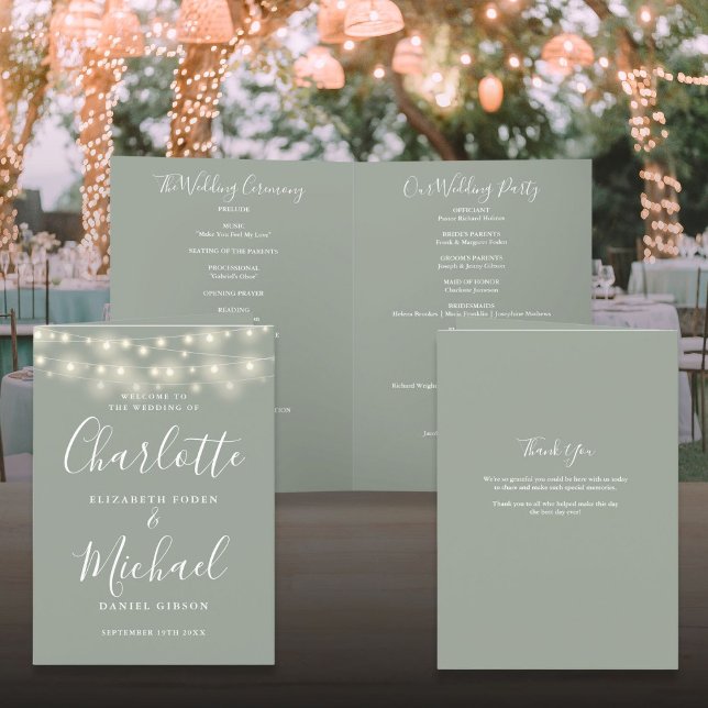 String Lights Sage Green Elegant Script Wedding Program (String Lights Sage Green Elegant Script Wedding Program)