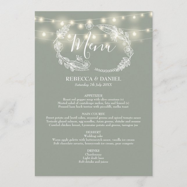 String Lights Sage Green Floral Wedding Menu (Front)