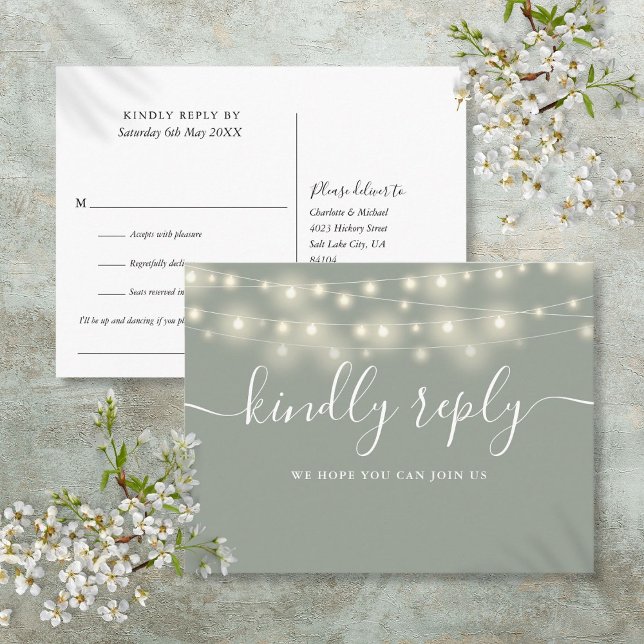 String Lights Sage Green Song Request RSVP Invitation Postcard (String Lights Sage Green Song Request RSVP Invitation Postcard)