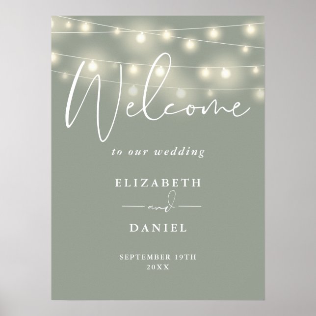 String Lights Sage Green Wedding Welcome Sign (Front)
