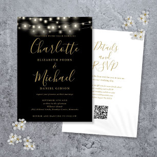 String Lights Script Black Gold QR Code Wedding Invitation