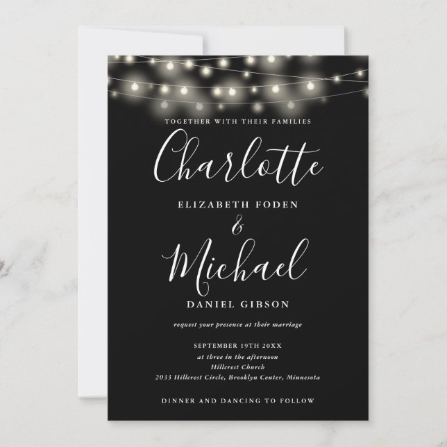 String Lights Script Black White QR Code Wedding Invitation (Front)