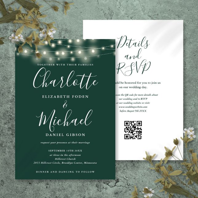 String Lights Script Emerald Green QR Code Wedding Invitation (String Lights Script Emerald Green QR Code Wedding Invitation
)