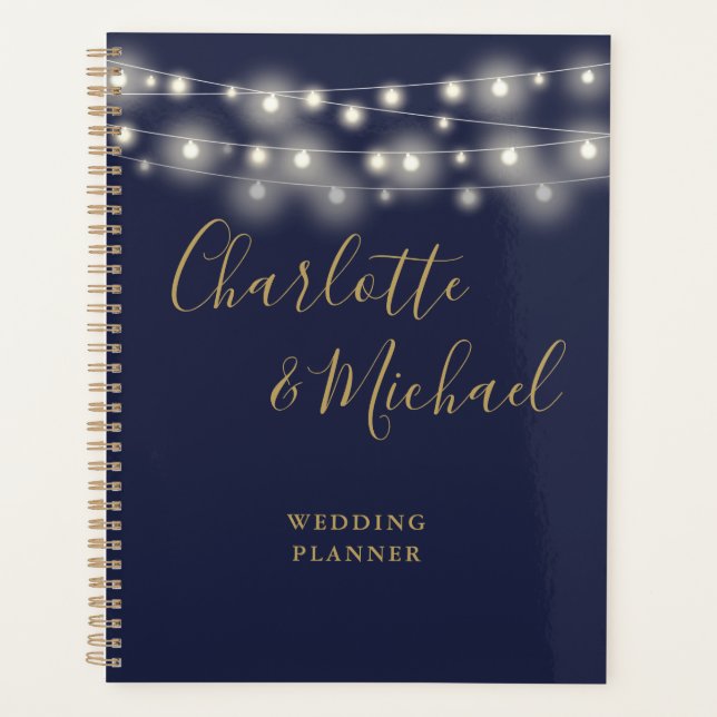String Lights Script Navy Blue And Gold Wedding Planner (Front)