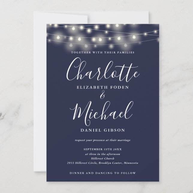 String Lights Script Navy Blue QR Code Wedding Invitation (Front)