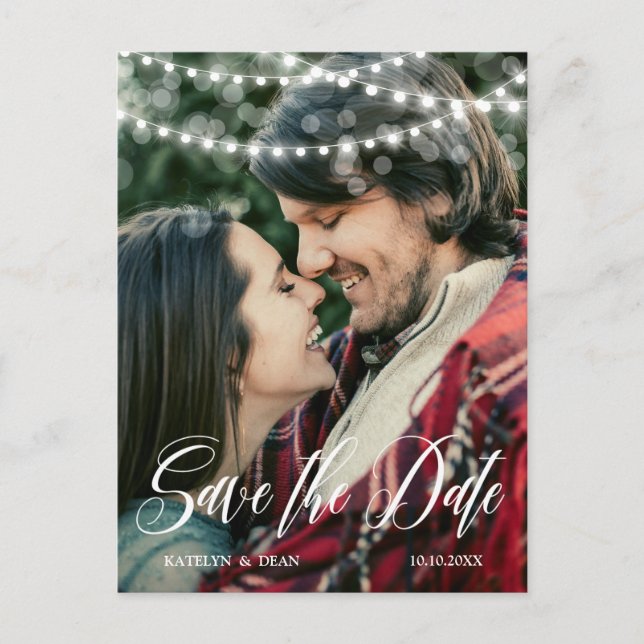 String Lights Script Overlay Photo Save the Date Announcement Postcard (Front)