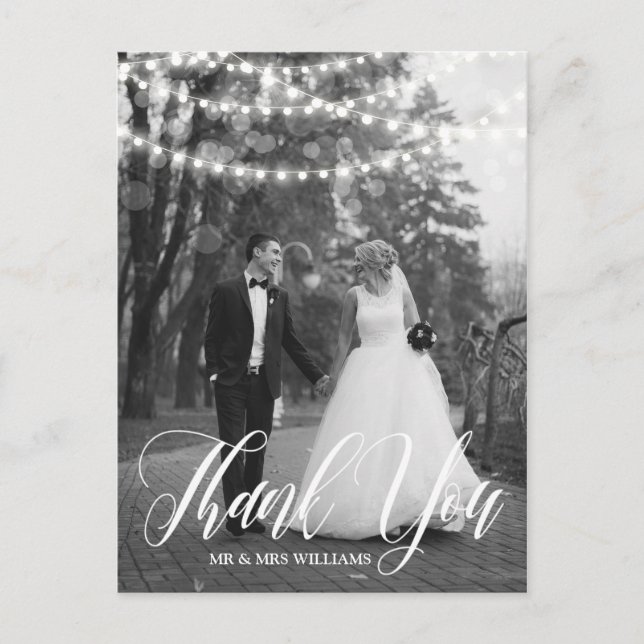 String Lights Script Wedding Photo Thank You Postcard (Front)