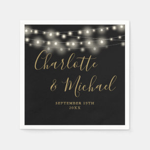 String Lights Signature Script Black Gold Wedding Napkin