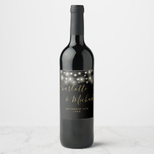 String Lights Signature Script Black Gold Wedding Wine Label