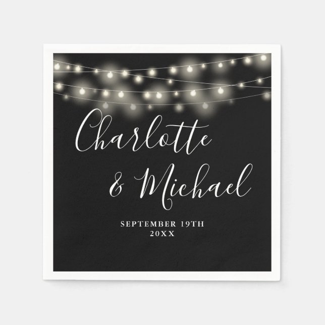 String Lights Signature Script Black White Wedding Napkin (Front)