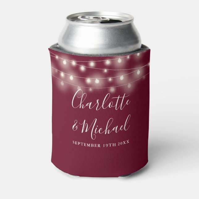 String Lights Signature Script Burgundy Wedding Can Cooler (Can Back)