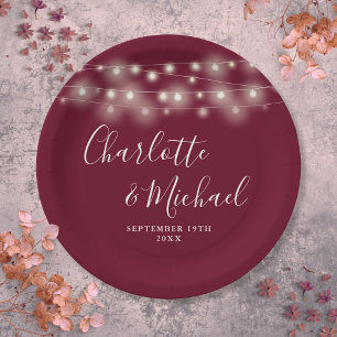 String Lights Signature Script Burgundy Wedding Paper Plate