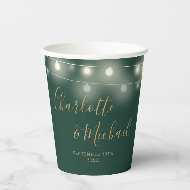 String Lights Signature Script Green Gold Wedding Paper Cups (Front)