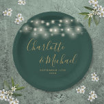 String Lights Signature Script Green Gold Wedding Paper Plate<br><div class="desc">Elegant emerald green and gold wedding paper plates featuring pretty string lights,  signature style names and your special wedding date. Designed by Thisisnotme©</div>