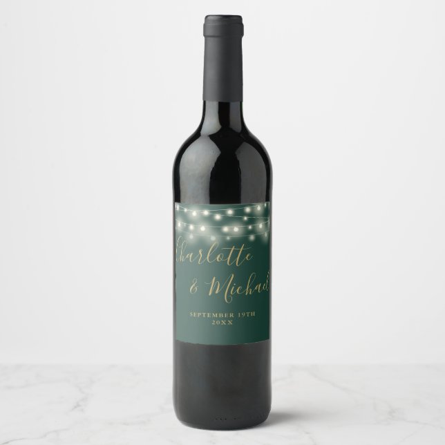 String Lights Signature Script Green Gold Wedding Wine Label (Front)