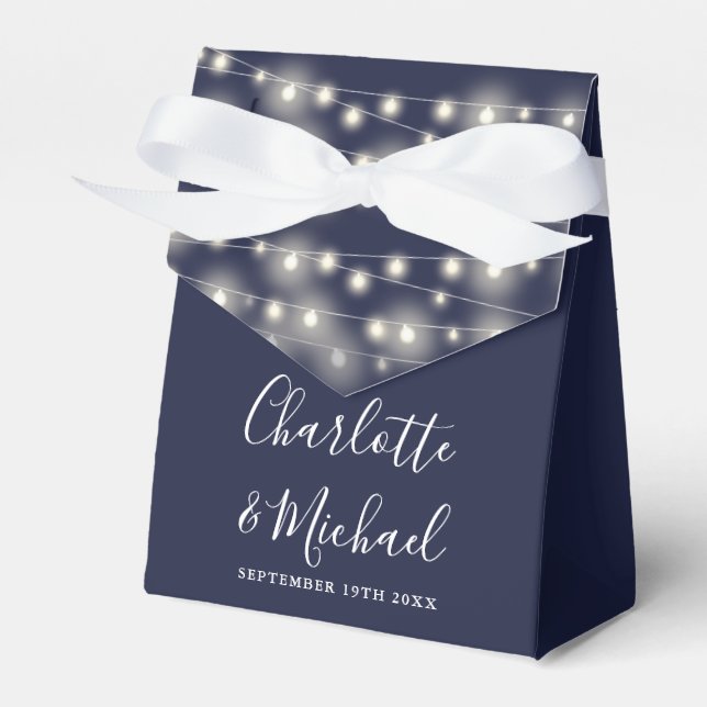 String Lights Signature Script Navy Blue Wedding Favour Box (Front Side)