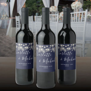 String Lights Signature Script Navy Blue Wedding Wine Label