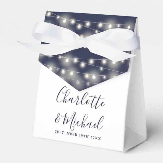String Lights Signature Script Navy White Wedding  Favour Box (Front Side)