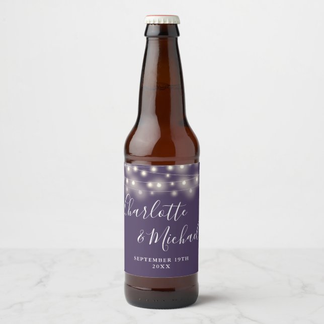 String Lights Signature Script Purple Wedding Beer Bottle Label (Front)
