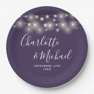 String Lights Signature Script Purple Wedding Paper Plate
