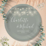 String Lights Signature Script Sage Green Wedding Paper Plate<br><div class="desc">Elegant sage green wedding paper plates featuring pretty string lights,  signature style names and your special wedding date. Designed by Thisisnotme©</div>
