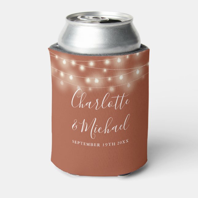 String Lights Signature Script Terracotta Wedding Can Cooler (Can Back)