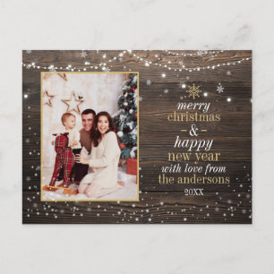 String Lights & Snow   Rustic Wood Christmas Photo Postcard