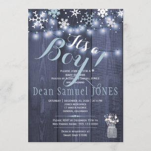 String lights snowflakes barn wood boy baby shower invitation