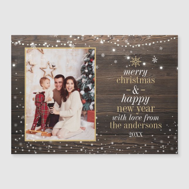 String Lights & Snowflakes | Wooden Holiday Photo (Front)