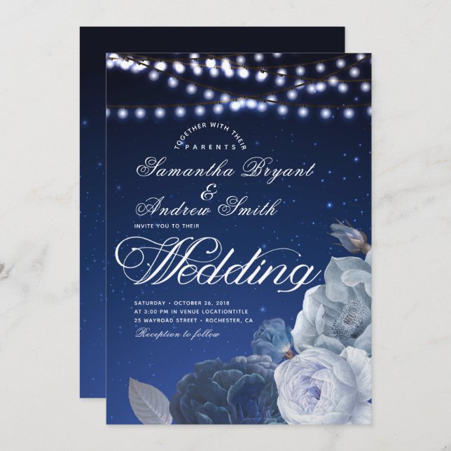 String lights stars Blue Elegant Wedding Invitation (Front/Back)