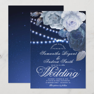 String lights stars Blue Elegant Wedding Invitation