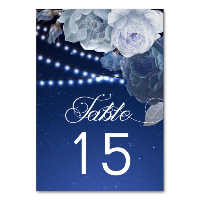 String lights stars Blue Elegant Wedding Table Number (Front)