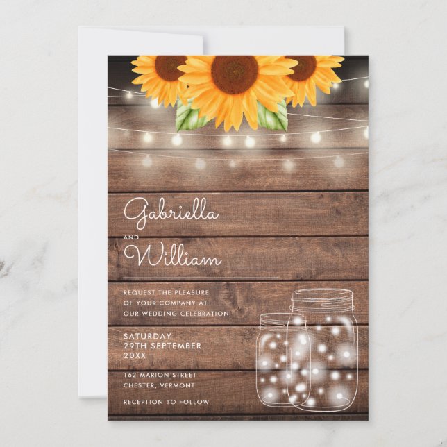 String Lights Sunflower Mason Jars Rustic Wedding Invitation (Front)