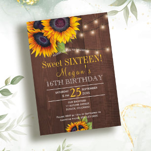 String lights sunflowers chic rustic sweet sixteen invitation