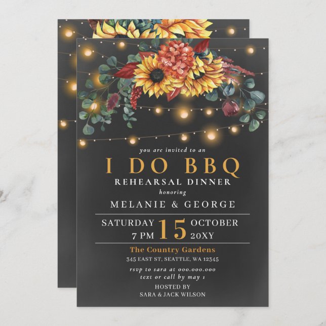 String Lights Sunflowers I DO BBQ Rehearsal Dinner Invitation (Front/Back)