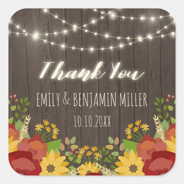 String Lights & Sunflowers Rustic Thank You Square Sticker (Front)