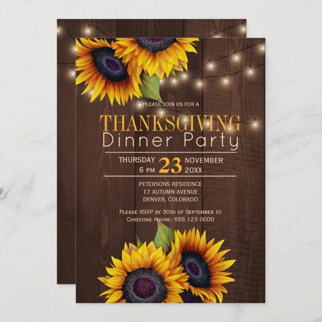 String lights sunflowers rustic thanksgiving party invitation (Front/Back)