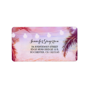 String Lights Sunset Beach Purple Wedding Label