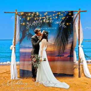 String Lights Sunset Palm Beach Wedding Backdrop Tapestry