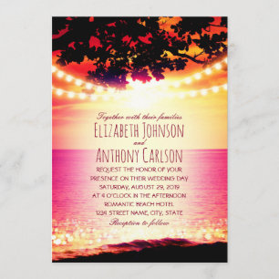 String lights Sunset Tropical Beach Themed Wedding Invitation