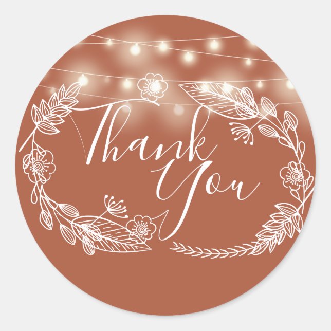 String Lights Terracotta Floral Thank You Classic Round Sticker (Front)