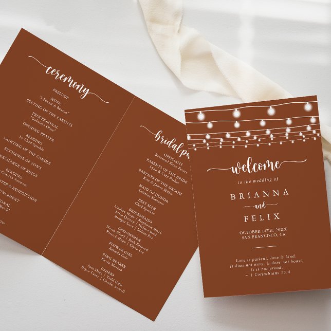 String Lights Terracotta Folded Wedding Program (Creator Uploaded)