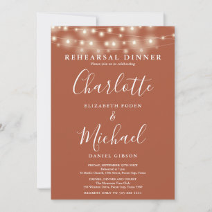 String Lights Terracotta Script Rehearsal Dinner Invitation