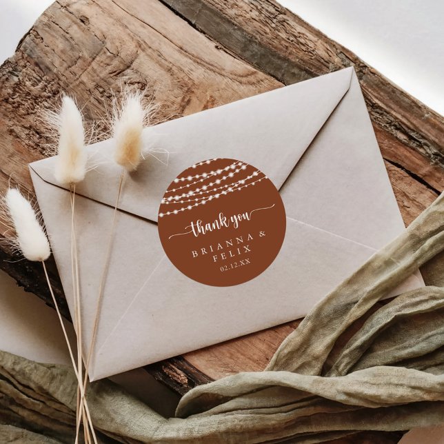 String Lights Terracotta Thank You Wedding Favour  Classic Round Sticker (Creator Uploaded)