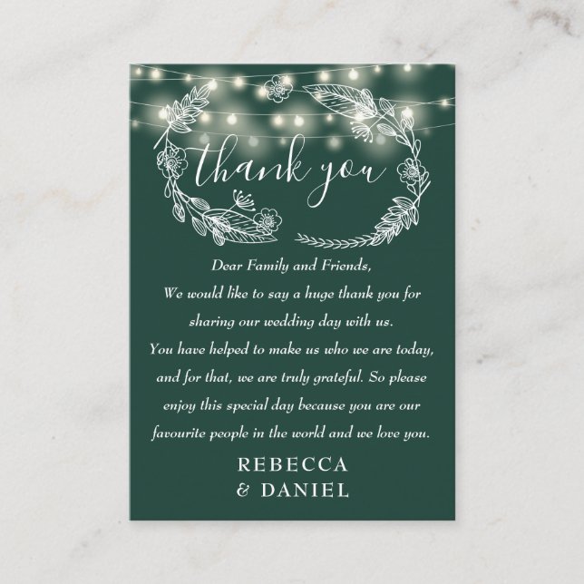 String Lights Thank You Emerald Green Wedding Place Card (Front)