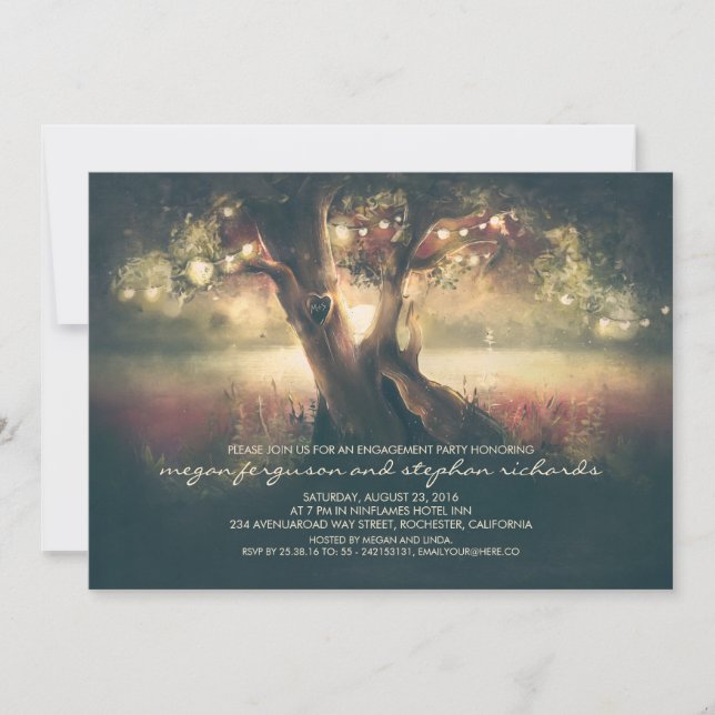 String Lights Tree - Carved Heart Engagement Party Invitation (Front)